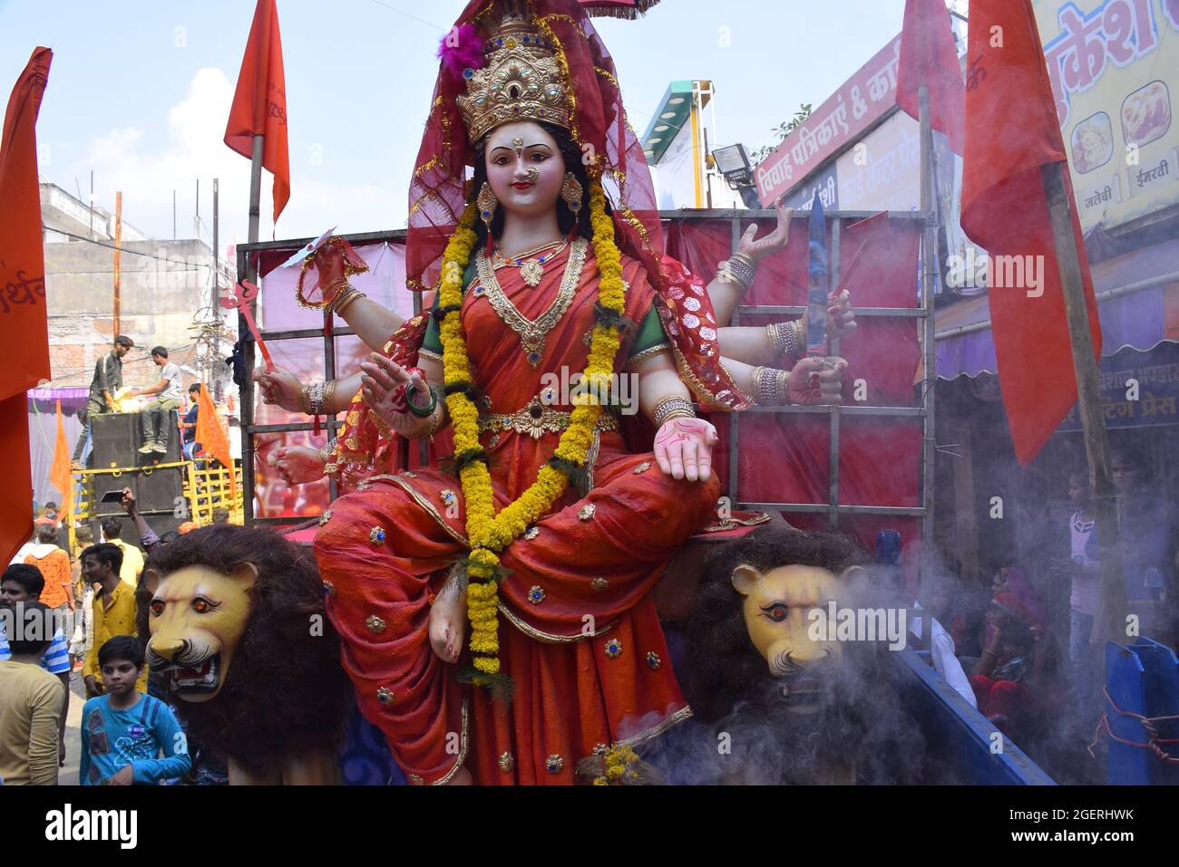 09-10-2019, Dewas, Madhya Pradesh, India. Background Durga Puja Festival and Tableau. Sculpture of Hindu Goddess Durga. Stock Photo