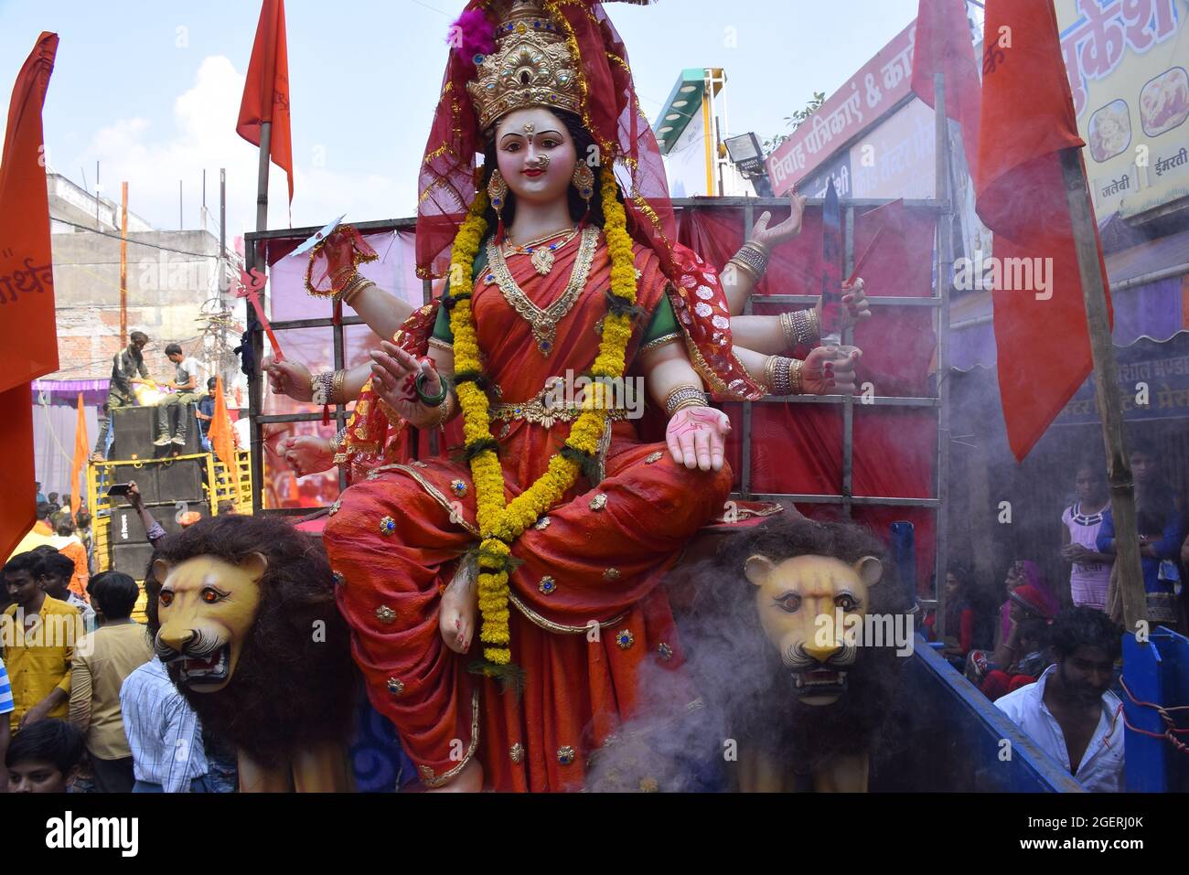 09-10-2019, Dewas, Madhya Pradesh, India. Background Durga Puja Festival and Tableau. Sculpture of Hindu Goddess Durga. Stock Photo