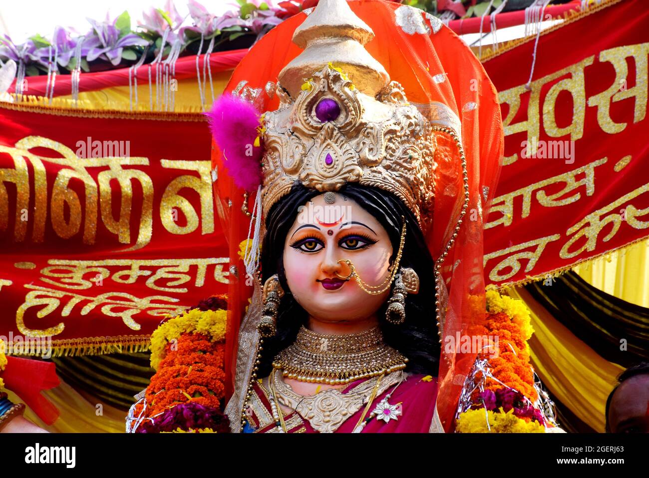 09-10-2019, Dewas, Madhya Pradesh, India. Background Durga Puja Festival and Tableau. Sculpture of Hindu Goddess Durga. Stock Photo