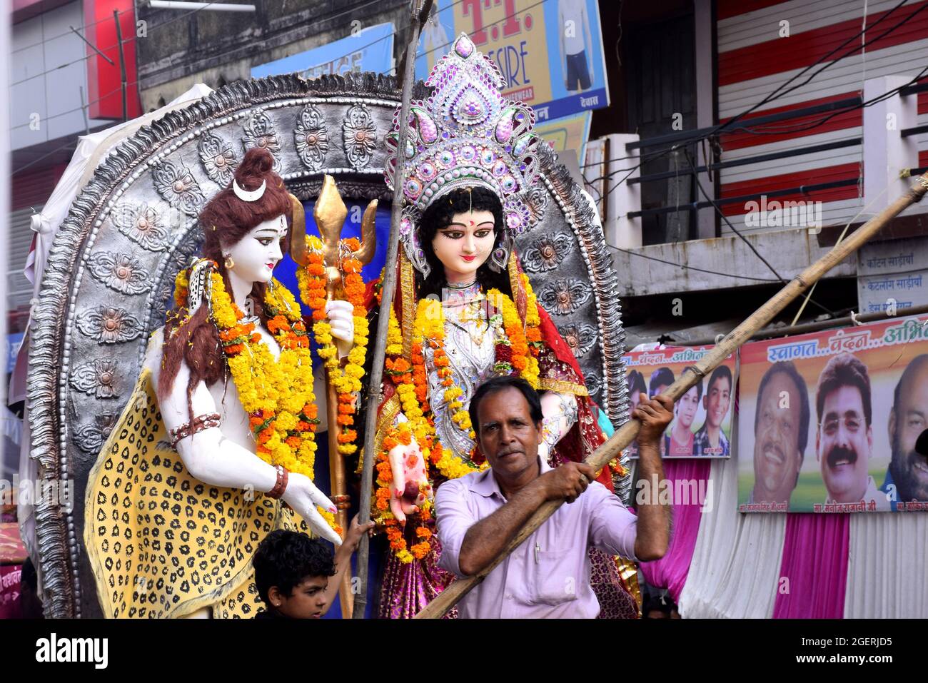 09-10-2019, Dewas, Madhya Pradesh, India. Background Durga Puja Festival and Tableau. Sculpture of Hindu Goddess Durga. Stock Photo