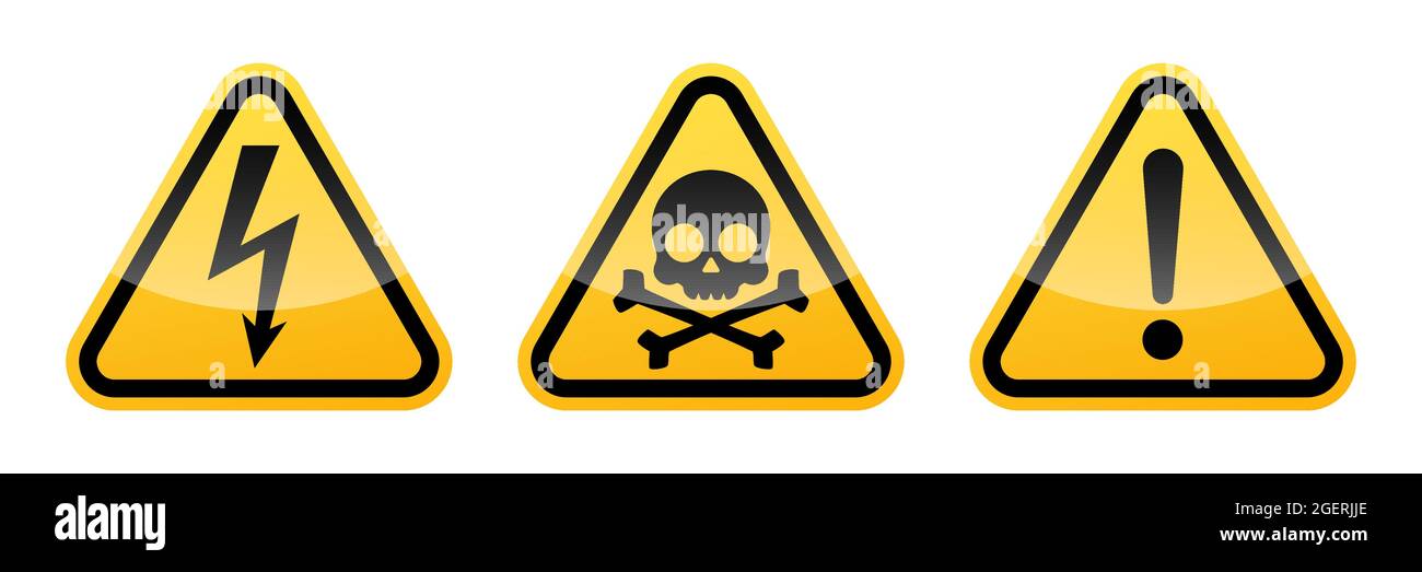 Triangular warning vector signs. High voltage sign. Warning attention sign with exclamation mark. Skull and bones warning sign. Isolated on a white Stock Vector