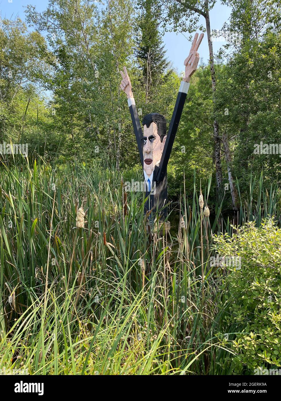 This sculpture, titled Richard Nixon, was done by American artist Bernard Langlais and is housed at the Langlais Sculpture Preserve in Cushing, Maine. Bernard Langlais (1921 - 1977) was a Maine native and maintained a studio in Cushing, Maine until his death at the age of 56. He developed his artistic interest at the Corcoran School of Art in Washington DC and the Skowhegan School of Painting and Sculpture. Stock Photo