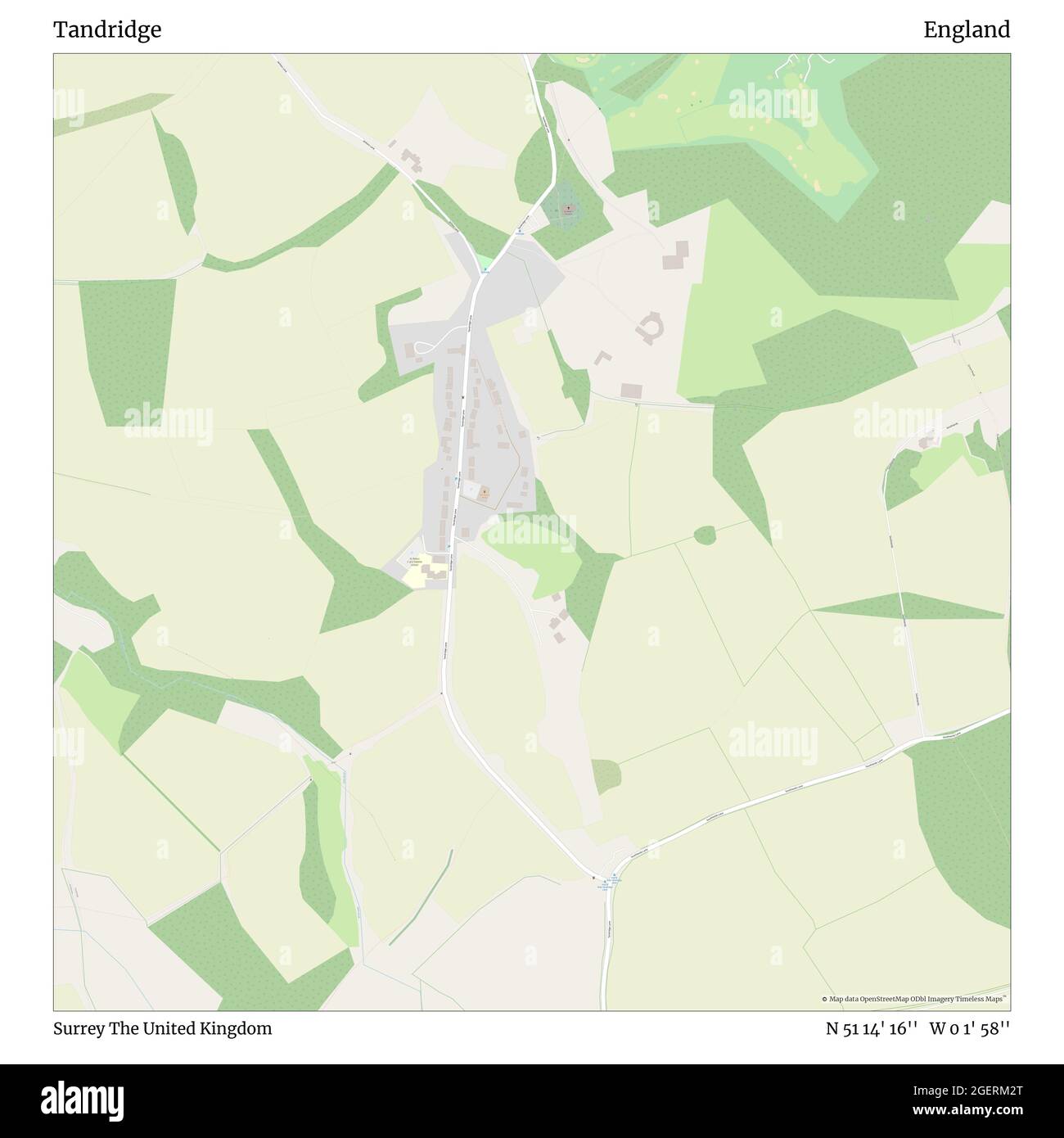 Tandridge, Surrey, United Kingdom, England, N 51 14' 16'', W 0 1' 58'', map, Timeless Map published in 2021. Travelers, explorers and adventurers like Florence Nightingale, David Livingstone, Ernest Shackleton, Lewis and Clark and Sherlock Holmes relied on maps to plan travels to the world's most remote corners, Timeless Maps is mapping most locations on the globe, showing the achievement of great dreams Stock Photo