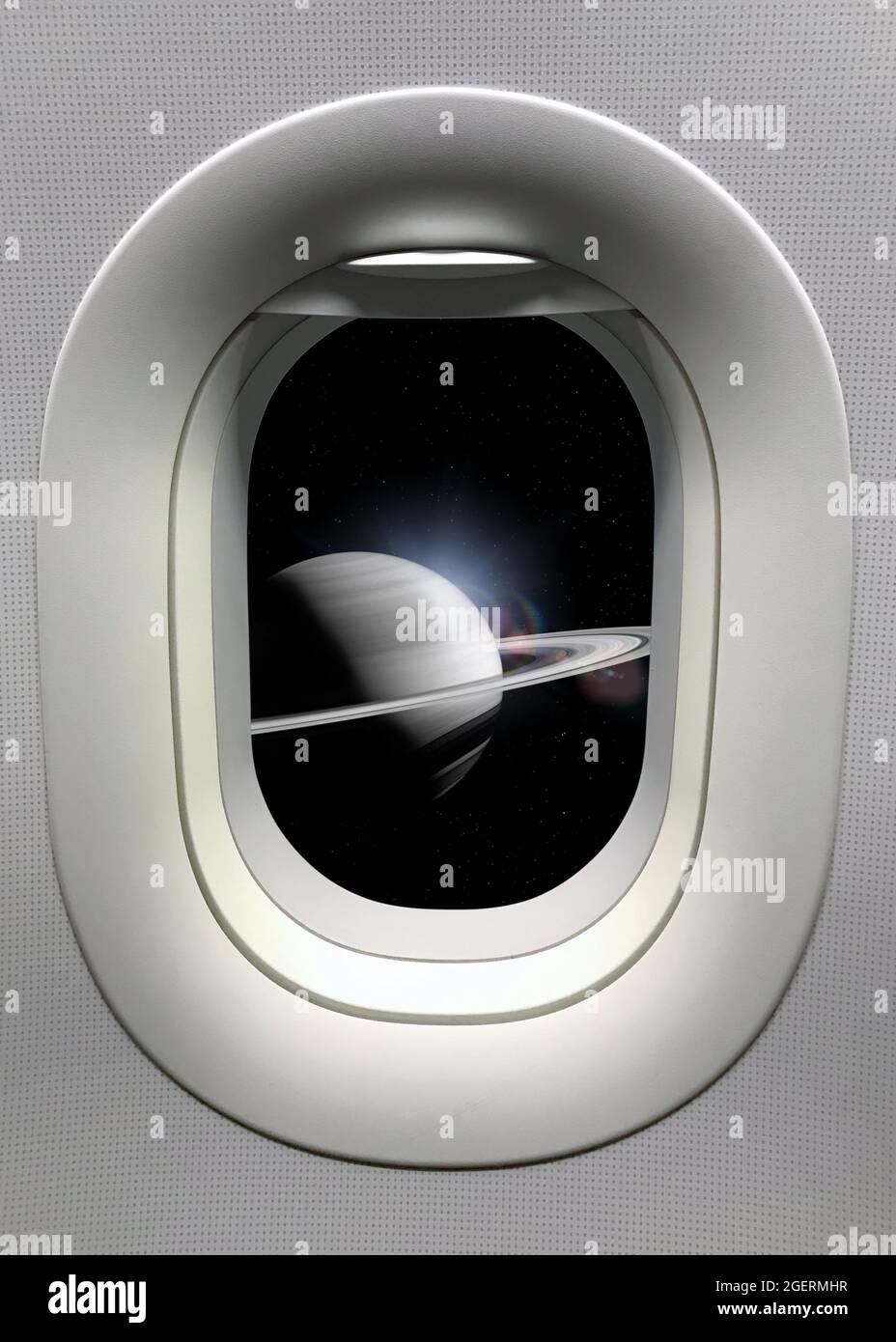 View from a porthole on the Saturn background. Elements of this image furnished by NASA. Stock Photo