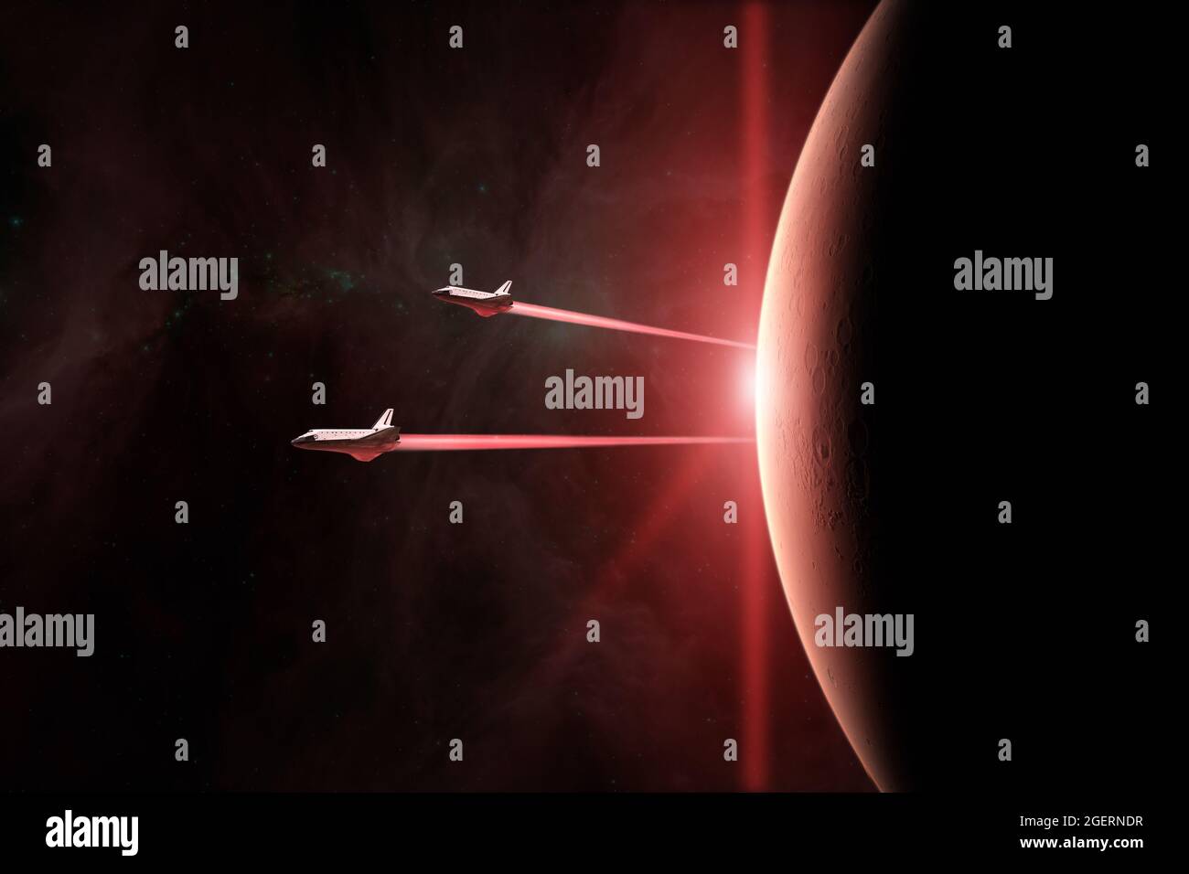Red planet Mars. Space shuttles taking off on a mission. Elements of ...
