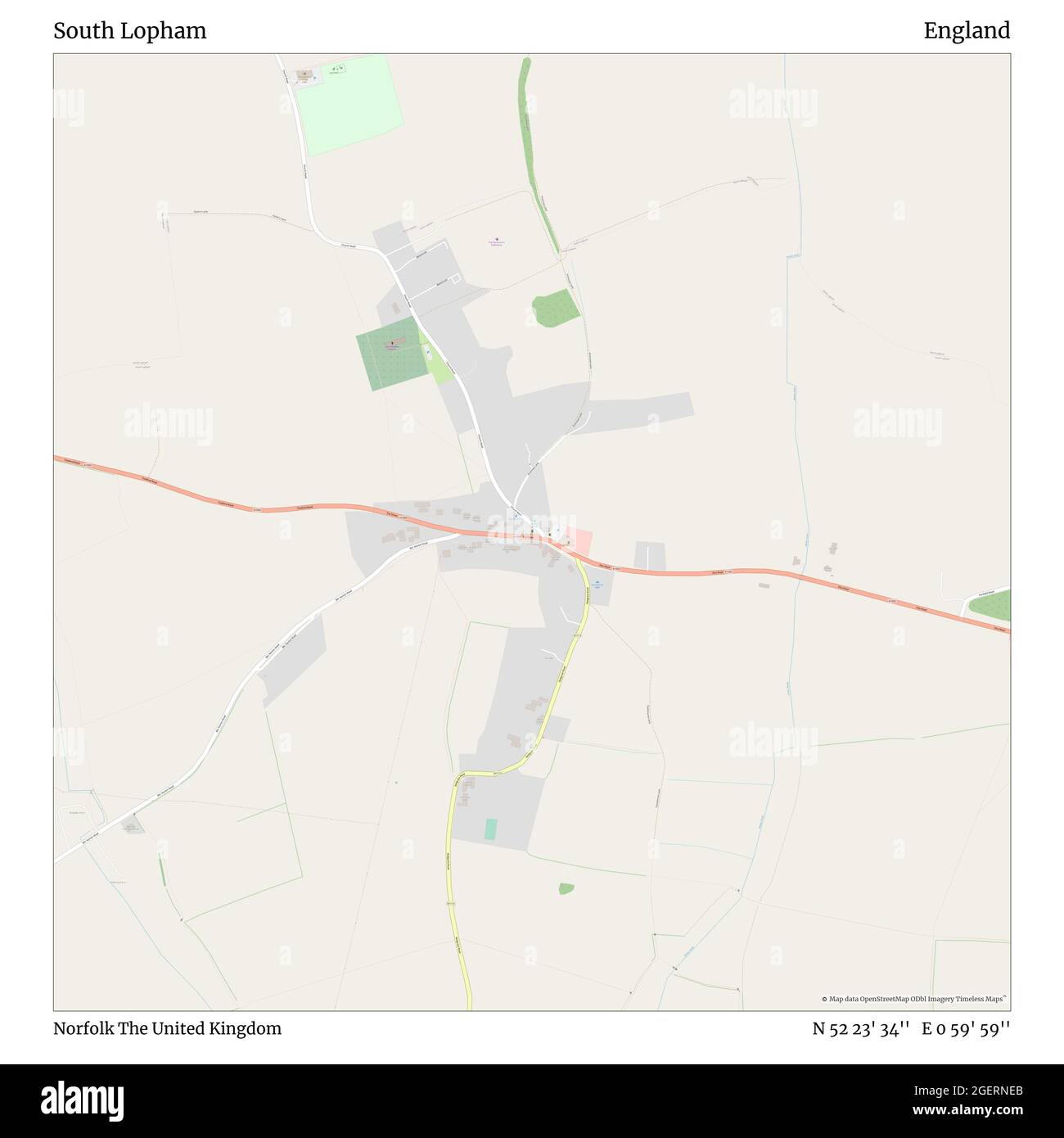 South Lopham, Norfolk, United Kingdom, England, N 52 23' 34'', E 0 59' 59'', map, Timeless Map published in 2021. Travelers, explorers and adventurers like Florence Nightingale, David Livingstone, Ernest Shackleton, Lewis and Clark and Sherlock Holmes relied on maps to plan travels to the world's most remote corners, Timeless Maps is mapping most locations on the globe, showing the achievement of great dreams Stock Photo