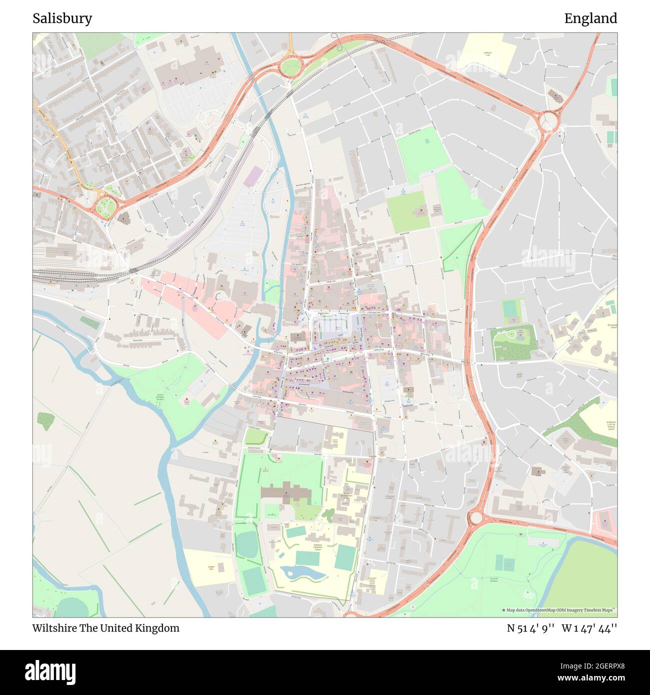 Map Of Salisbury City Centre Salisbury, Wiltshire, United Kingdom, England, N 51 4' 9'', W 1 47' 44'',  Map, Timeless Map Published In 2021. Travelers, Explorers And Adventurers  Like Florence Nightingale, David Livingstone, Ernest Shackleton, Lewis And