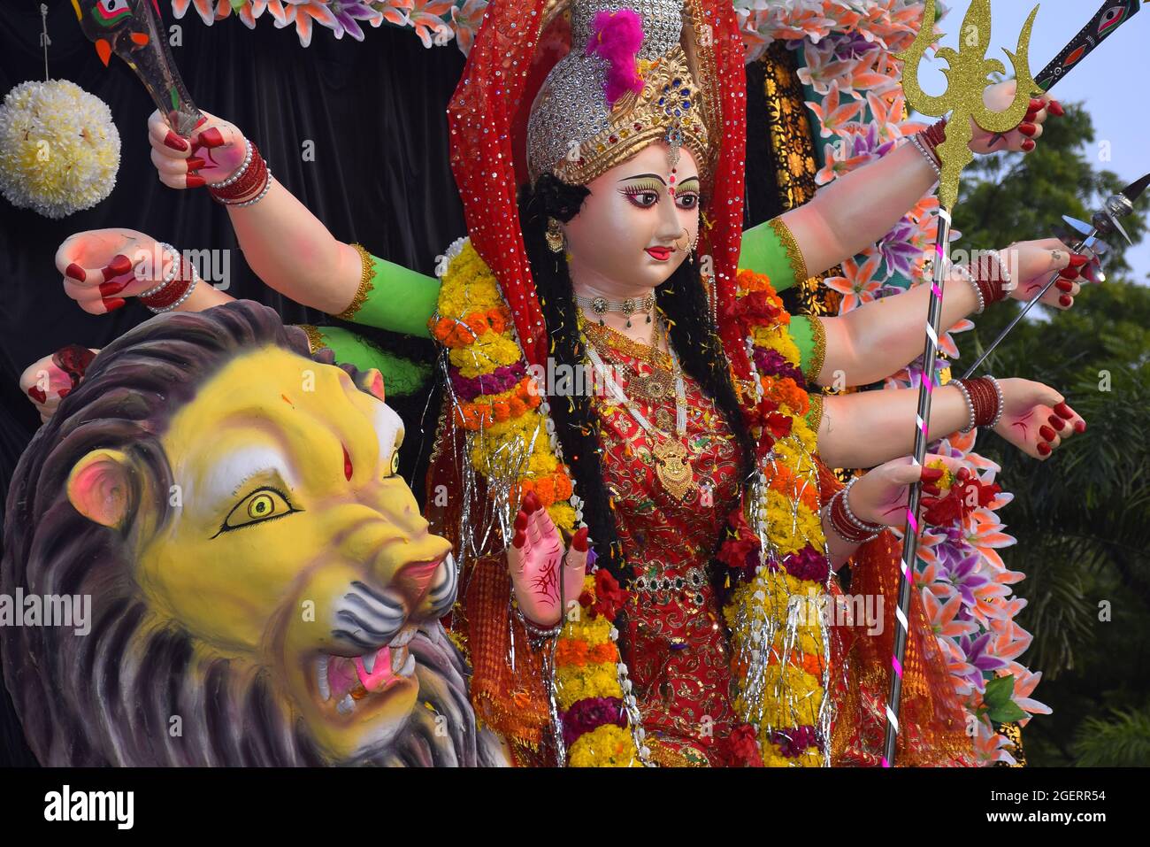 Background Durga Puja Festival and Tableau. Sculpture of Hindu Goddess Durga Stock Photo