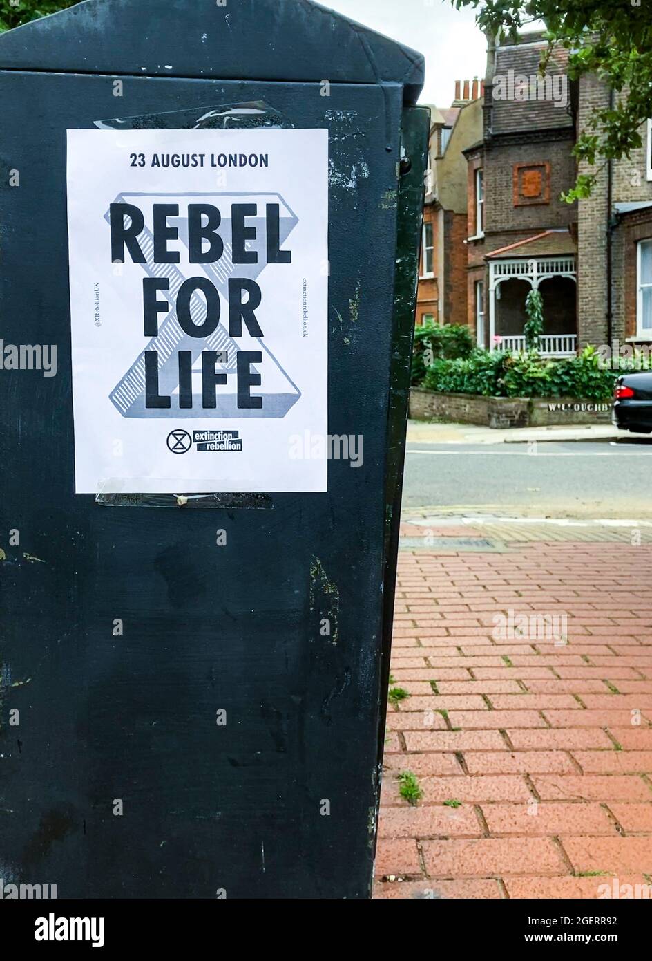 Extinction Rebellion Rebel for Life poster advertising a climate change protest in London on 23rd August 2021. Stock Photo