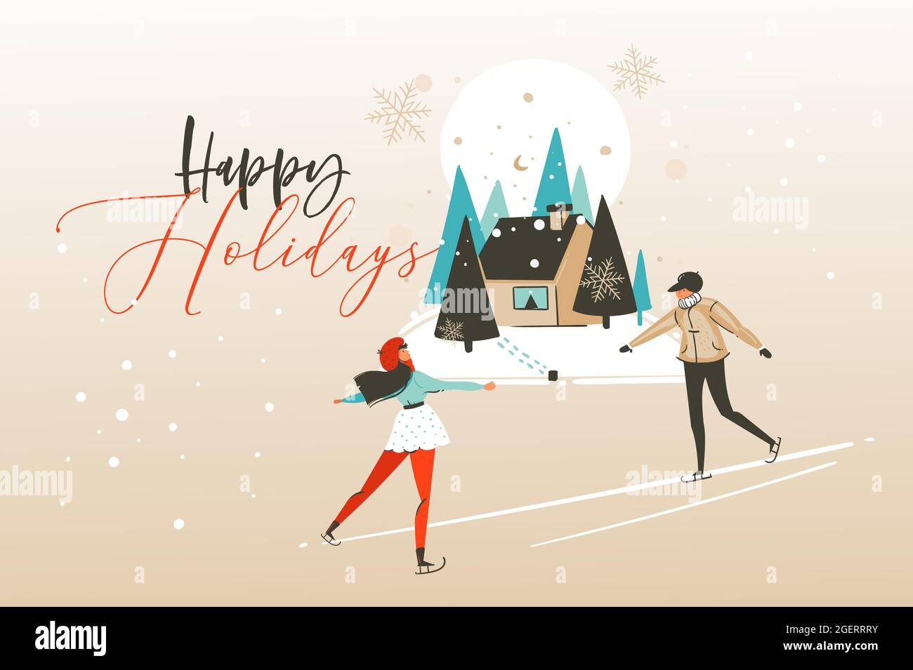 Hand drawn vector abstract fun Merry Christmas time cartoon illustration greeting card with happy xmas girl and boy ice skating in the forest with Stock Vector