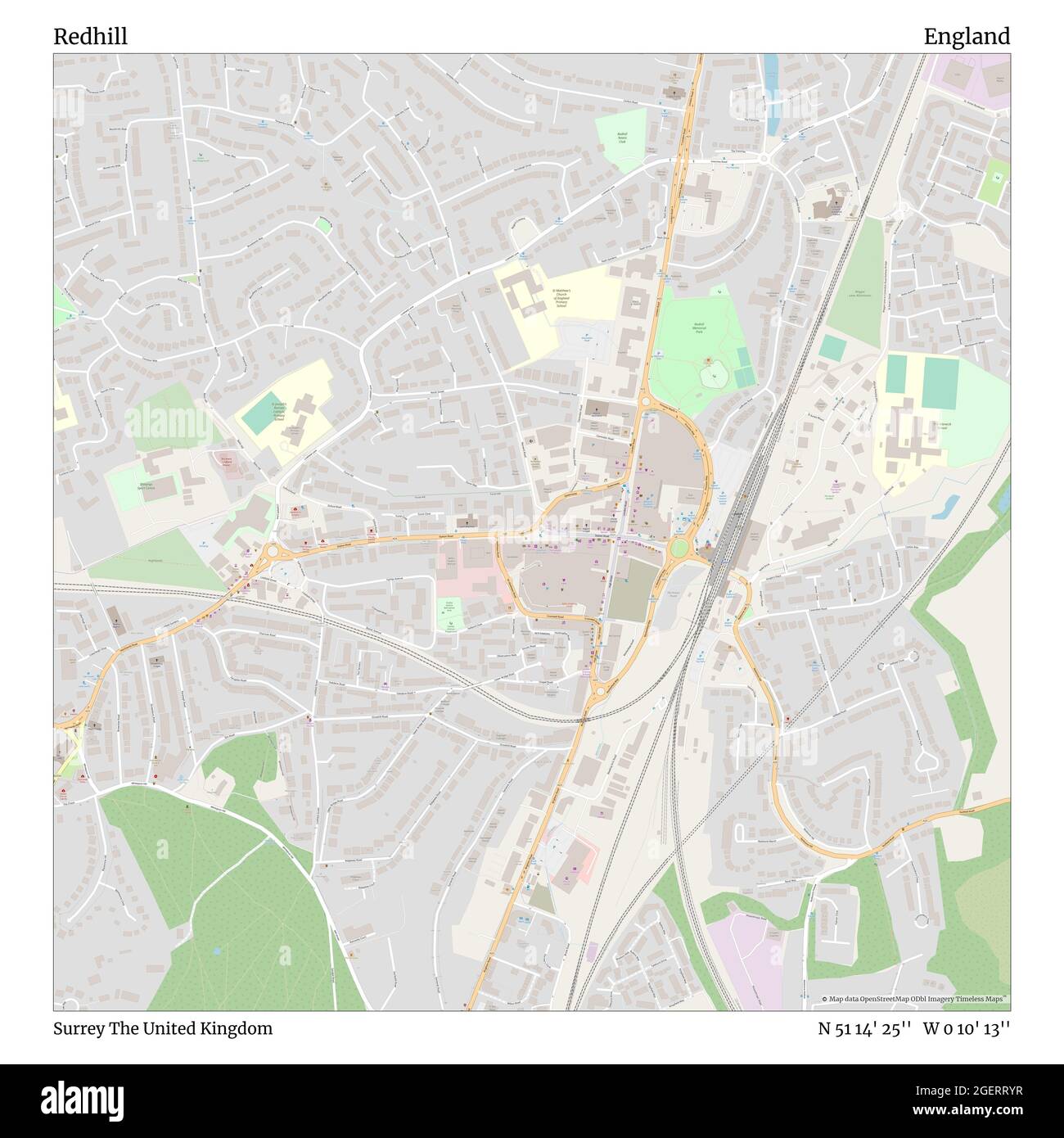 Redhill, Surrey, United Kingdom, England, N 51 14' 25'', W 0 10' 13'', map, Timeless Map published in 2021. Travelers, explorers and adventurers like Florence Nightingale, David Livingstone, Ernest Shackleton, Lewis and Clark and Sherlock Holmes relied on maps to plan travels to the world's most remote corners, Timeless Maps is mapping most locations on the globe, showing the achievement of great dreams Stock Photo
