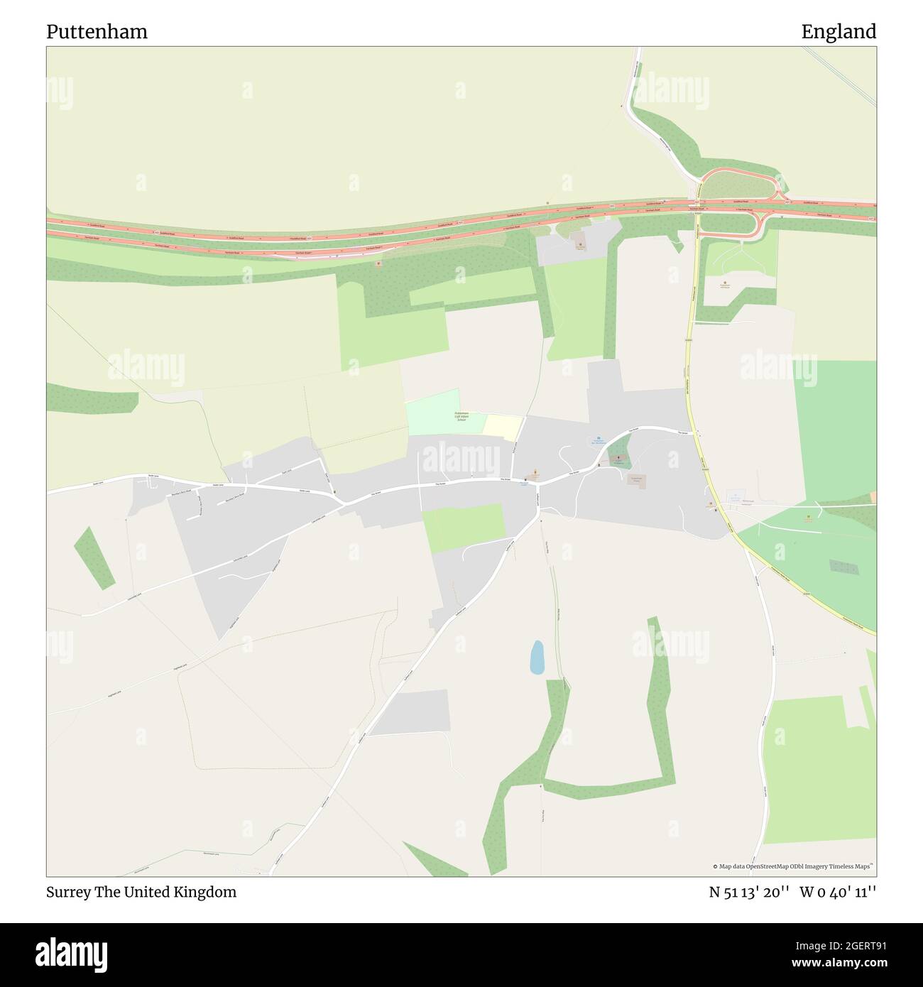 Puttenham, Surrey, United Kingdom, England, N 51 13' 20'', W 0 40' 11'', map, Timeless Map published in 2021. Travelers, explorers and adventurers like Florence Nightingale, David Livingstone, Ernest Shackleton, Lewis and Clark and Sherlock Holmes relied on maps to plan travels to the world's most remote corners, Timeless Maps is mapping most locations on the globe, showing the achievement of great dreams Stock Photo