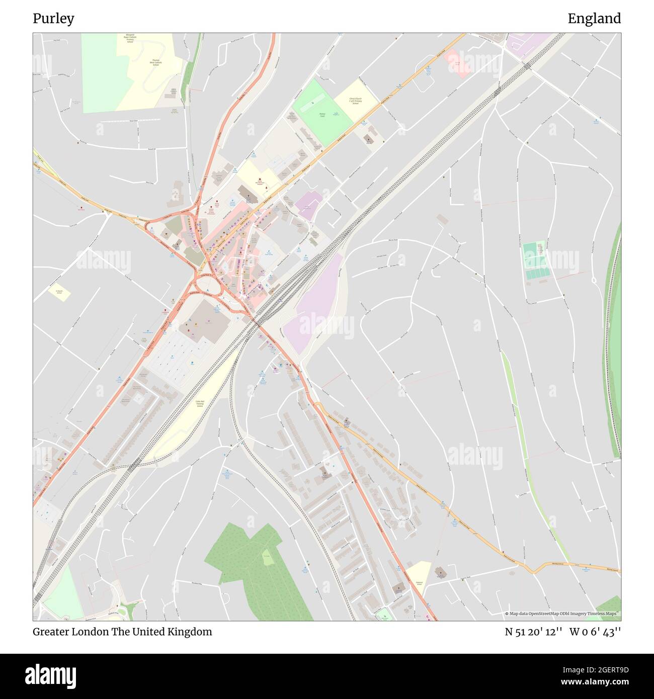 Purley, Greater London, United Kingdom, England, N 51 20' 12'', W 0 6' 43'', map, Timeless Map published in 2021. Travelers, explorers and adventurers like Florence Nightingale, David Livingstone, Ernest Shackleton, Lewis and Clark and Sherlock Holmes relied on maps to plan travels to the world's most remote corners, Timeless Maps is mapping most locations on the globe, showing the achievement of great dreams Stock Photo