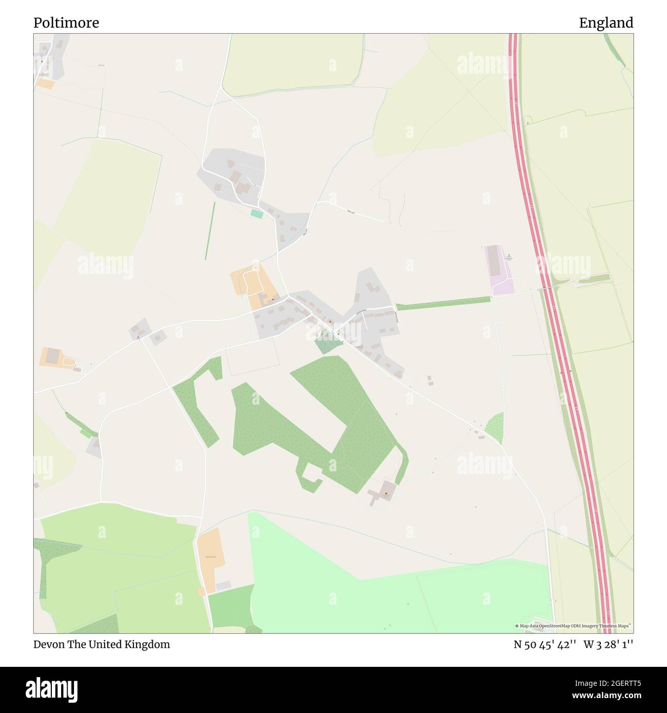 Poltimore, Devon, United Kingdom, England, N 50 45' 42'', W 3 28' 1'', map, Timeless Map published in 2021. Travelers, explorers and adventurers like Florence Nightingale, David Livingstone, Ernest Shackleton, Lewis and Clark and Sherlock Holmes relied on maps to plan travels to the world's most remote corners, Timeless Maps is mapping most locations on the globe, showing the achievement of great dreams Stock Photo