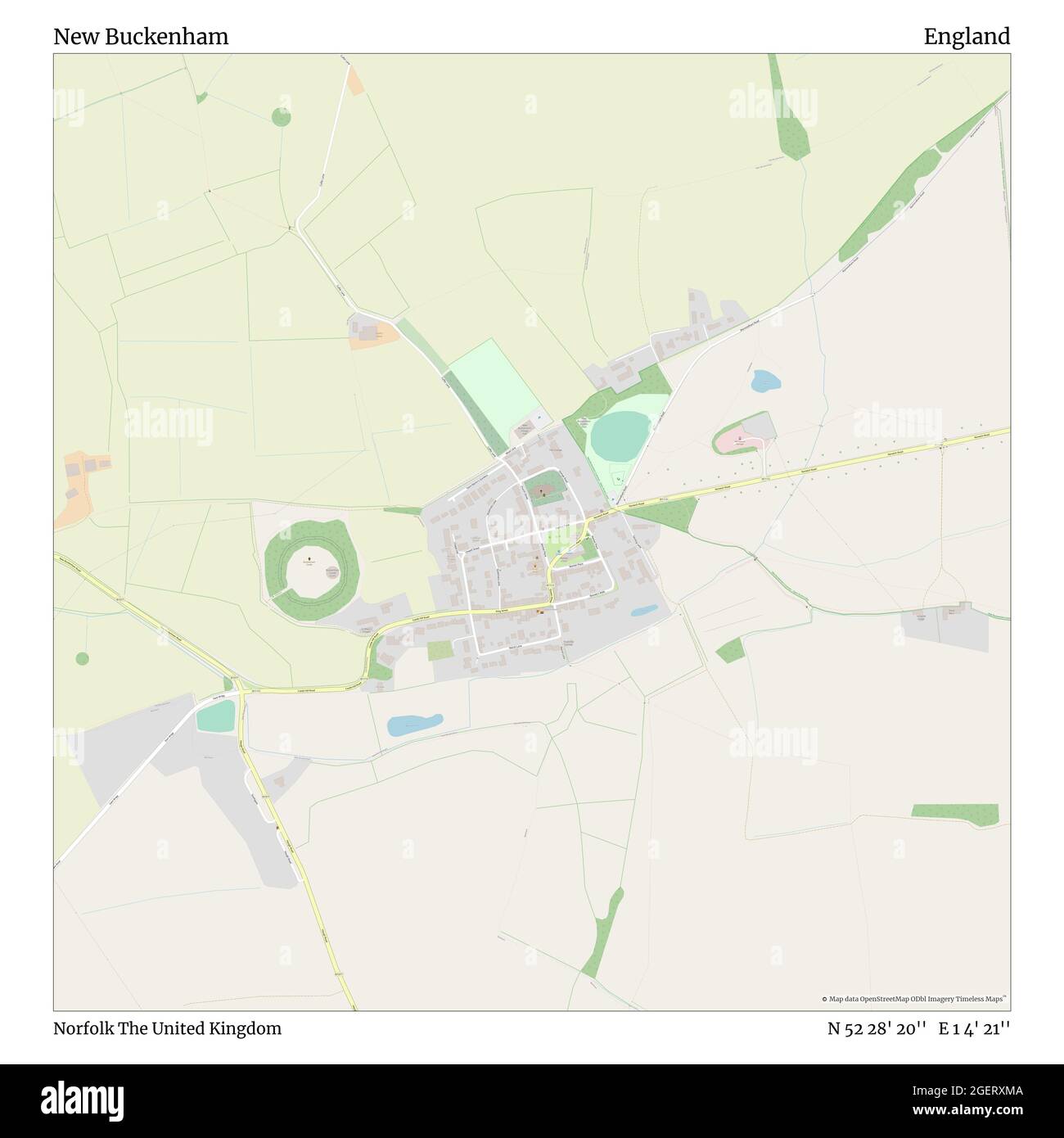 New Buckenham, Norfolk, United Kingdom, England, N 52 28' 20'', E 1 4' 21'', map, Timeless Map published in 2021. Travelers, explorers and adventurers like Florence Nightingale, David Livingstone, Ernest Shackleton, Lewis and Clark and Sherlock Holmes relied on maps to plan travels to the world's most remote corners, Timeless Maps is mapping most locations on the globe, showing the achievement of great dreams Stock Photo