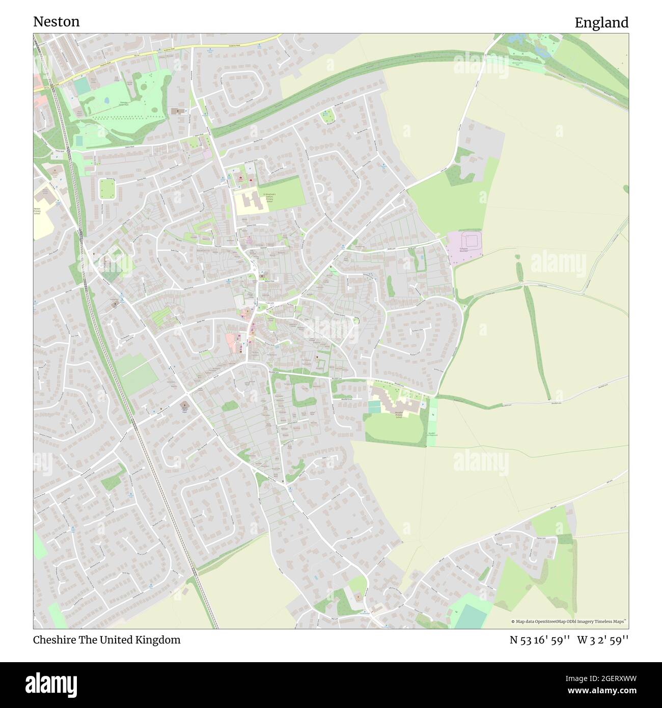 Neston, Cheshire, United Kingdom, England, N 53 16' 59'', W 3 2' 59'', map, Timeless Map published in 2021. Travelers, explorers and adventurers like Florence Nightingale, David Livingstone, Ernest Shackleton, Lewis and Clark and Sherlock Holmes relied on maps to plan travels to the world's most remote corners, Timeless Maps is mapping most locations on the globe, showing the achievement of great dreams Stock Photo