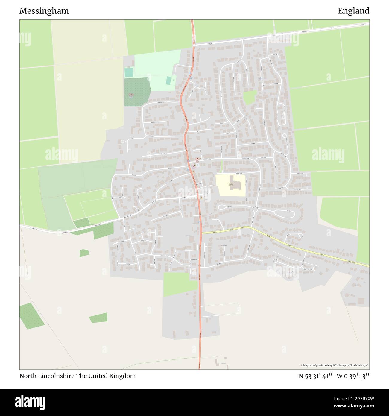Messingham, North Lincolnshire, United Kingdom, England, N 53 31' 41'', W 0 39' 13'', map, Timeless Map published in 2021. Travelers, explorers and adventurers like Florence Nightingale, David Livingstone, Ernest Shackleton, Lewis and Clark and Sherlock Holmes relied on maps to plan travels to the world's most remote corners, Timeless Maps is mapping most locations on the globe, showing the achievement of great dreams Stock Photo