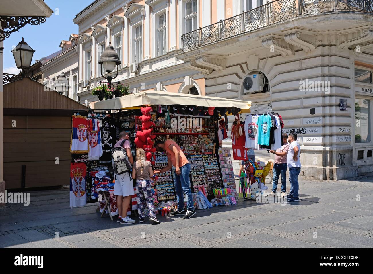 Belgrade, Serbia - July 5, 2021: Souvenirs kiosk at Knez Mihailova street in Belgrade, Serbiaa. Stock Photo