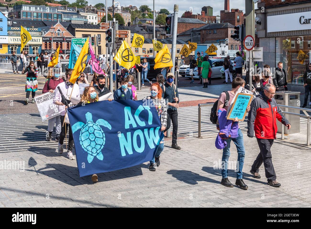 Cork, Ireland. 21st Aug, 2021. A small group of approx. 60 Extinction Rebellion protestors assembled on the Grand Parade today to highlight the need for 'immediate and fair action for carbon neutrality'. After a number of speeches, the group marched down the South Mall and up Patrick Street before breaking into discussion groups back at Grand Parade. Credit: AG News/Alamy Live News Stock Photo