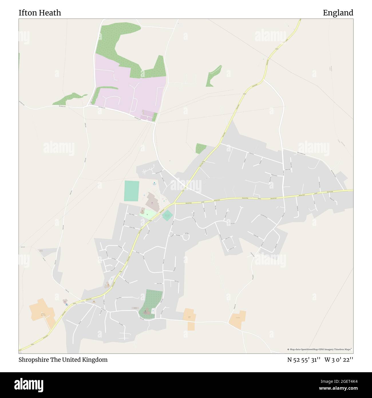 Ifton Heath, Shropshire, United Kingdom, England, N 52 55' 31'', W 3 0' 22'', map, Timeless Map published in 2021. Travelers, explorers and adventurers like Florence Nightingale, David Livingstone, Ernest Shackleton, Lewis and Clark and Sherlock Holmes relied on maps to plan travels to the world's most remote corners, Timeless Maps is mapping most locations on the globe, showing the achievement of great dreams Stock Photo