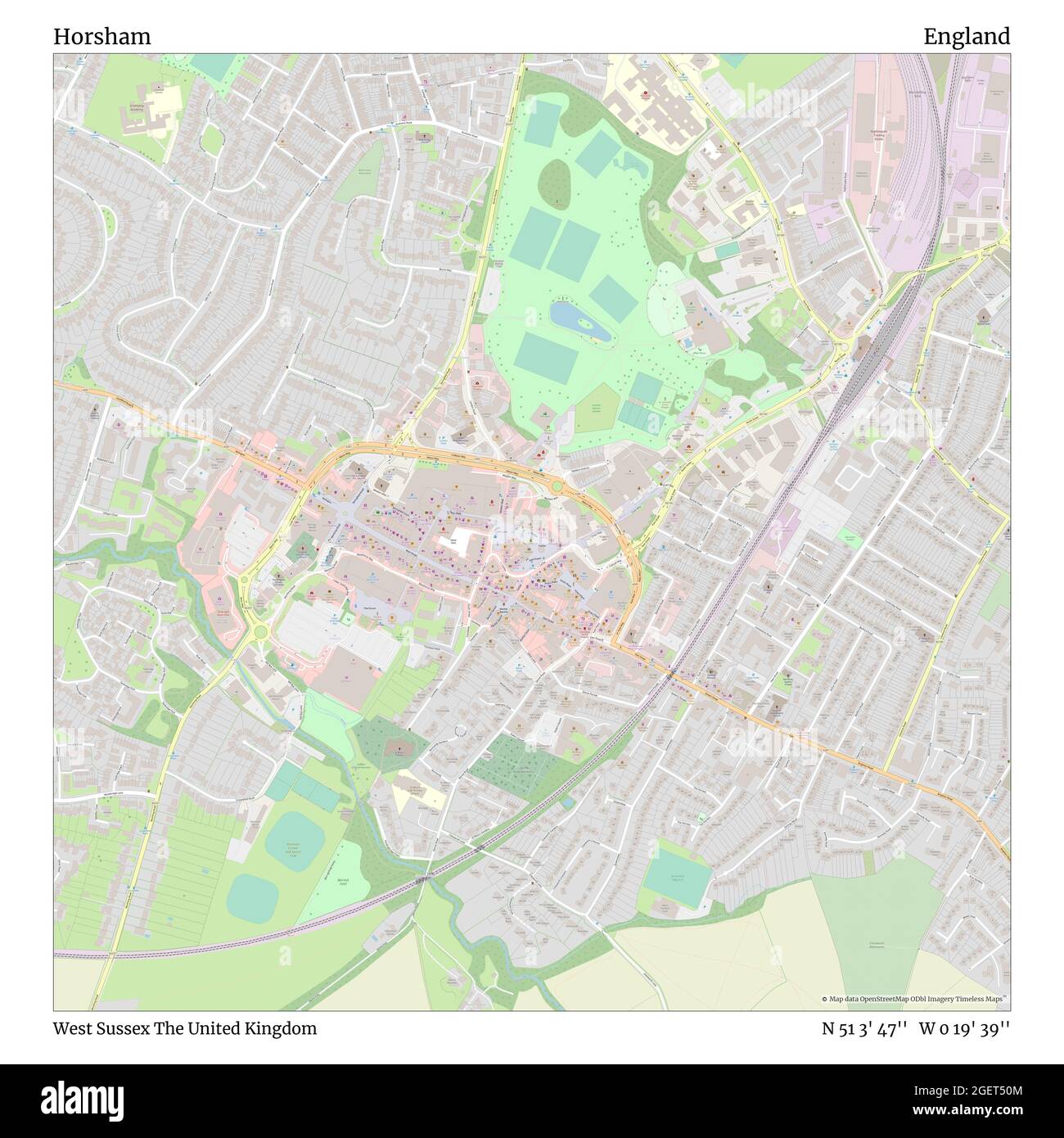 Horsham, West Sussex, United Kingdom, England, N 51 3' 47'', W 0 19' 39'', map, Timeless Map published in 2021. Travelers, explorers and adventurers like Florence Nightingale, David Livingstone, Ernest Shackleton, Lewis and Clark and Sherlock Holmes relied on maps to plan travels to the world's most remote corners, Timeless Maps is mapping most locations on the globe, showing the achievement of great dreams Stock Photo