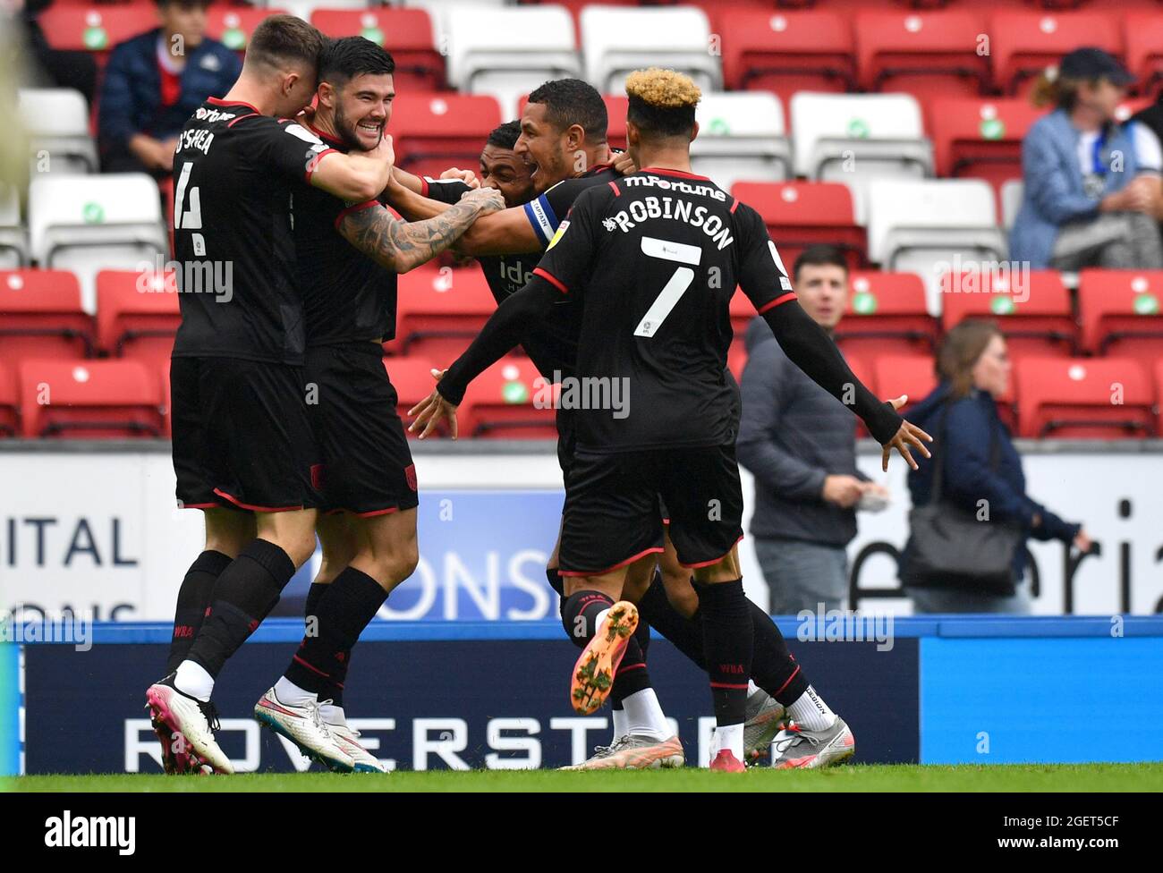 West Bromwich Albion's Alex Mowatt (second left) celebrates scoring his side's first goal of the game during the Sky Bet Championship match at Ewood Park, Blackburn. Picture date: Saturday August 21, 2021. Stock Photo