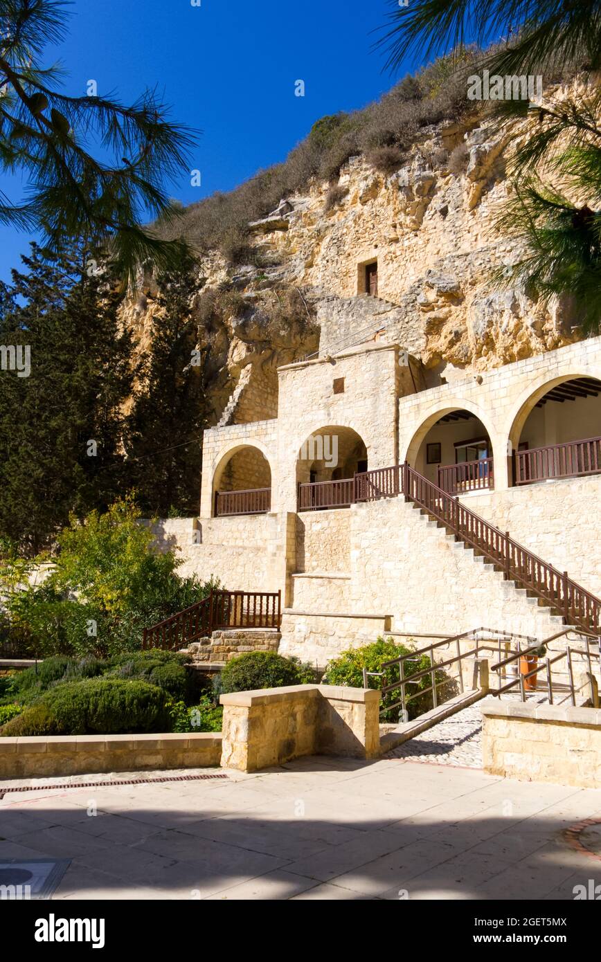 Saint Neophytos Monastery.  The view of exterior of the Engleistra (Place of Seclusion, built in a natural cave, with a small chapel). Cyprus, Paphos Stock Photo