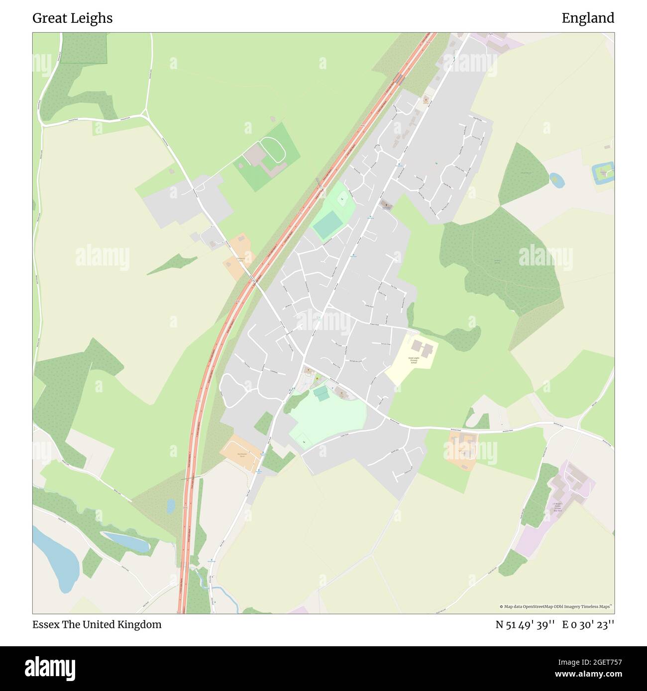 Great Leighs, Essex, United Kingdom, England, N 51 49' 39'', E 0 30' 23'', map, Timeless Map published in 2021. Travelers, explorers and adventurers like Florence Nightingale, David Livingstone, Ernest Shackleton, Lewis and Clark and Sherlock Holmes relied on maps to plan travels to the world's most remote corners, Timeless Maps is mapping most locations on the globe, showing the achievement of great dreams Stock Photo