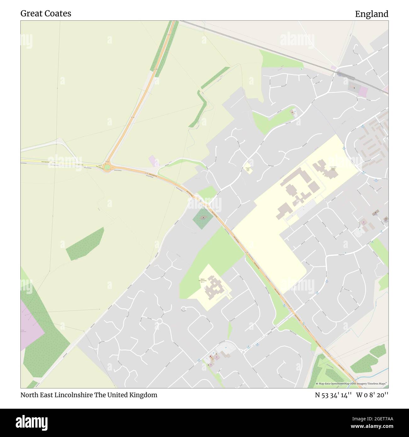 Great Coates, North East Lincolnshire, United Kingdom, England, N 53 34' 14'', W 0 8' 20'', map, Timeless Map published in 2021. Travelers, explorers and adventurers like Florence Nightingale, David Livingstone, Ernest Shackleton, Lewis and Clark and Sherlock Holmes relied on maps to plan travels to the world's most remote corners, Timeless Maps is mapping most locations on the globe, showing the achievement of great dreams Stock Photo