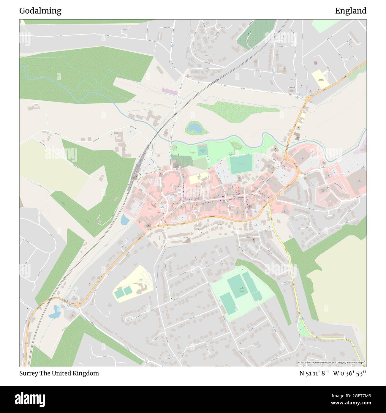 Godalming, Surrey, United Kingdom, England, N 51 11' 8'', W 0 36' 53'', map, Timeless Map published in 2021. Travelers, explorers and adventurers like Florence Nightingale, David Livingstone, Ernest Shackleton, Lewis and Clark and Sherlock Holmes relied on maps to plan travels to the world's most remote corners, Timeless Maps is mapping most locations on the globe, showing the achievement of great dreams Stock Photo