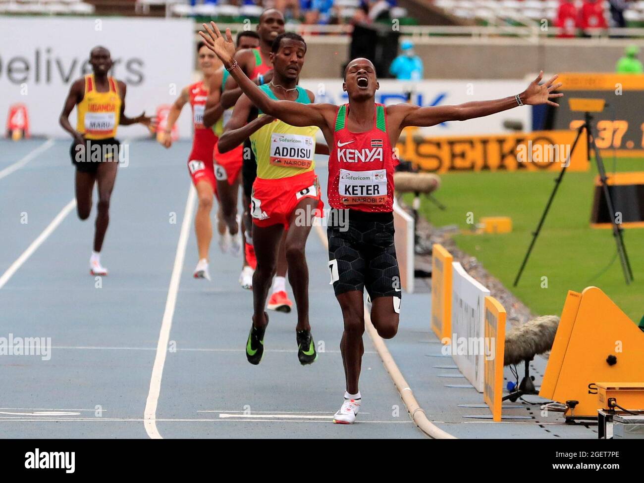 Athletics - 2021 World Athletics U20 Championships - Kenya's Vincent Keter celebrates winning in the Men's 1500m final - Kasarani Stadium, Nairobi, Kenya - August 21, 2021. REUTERS/Thomas Mukoya Stock Photo