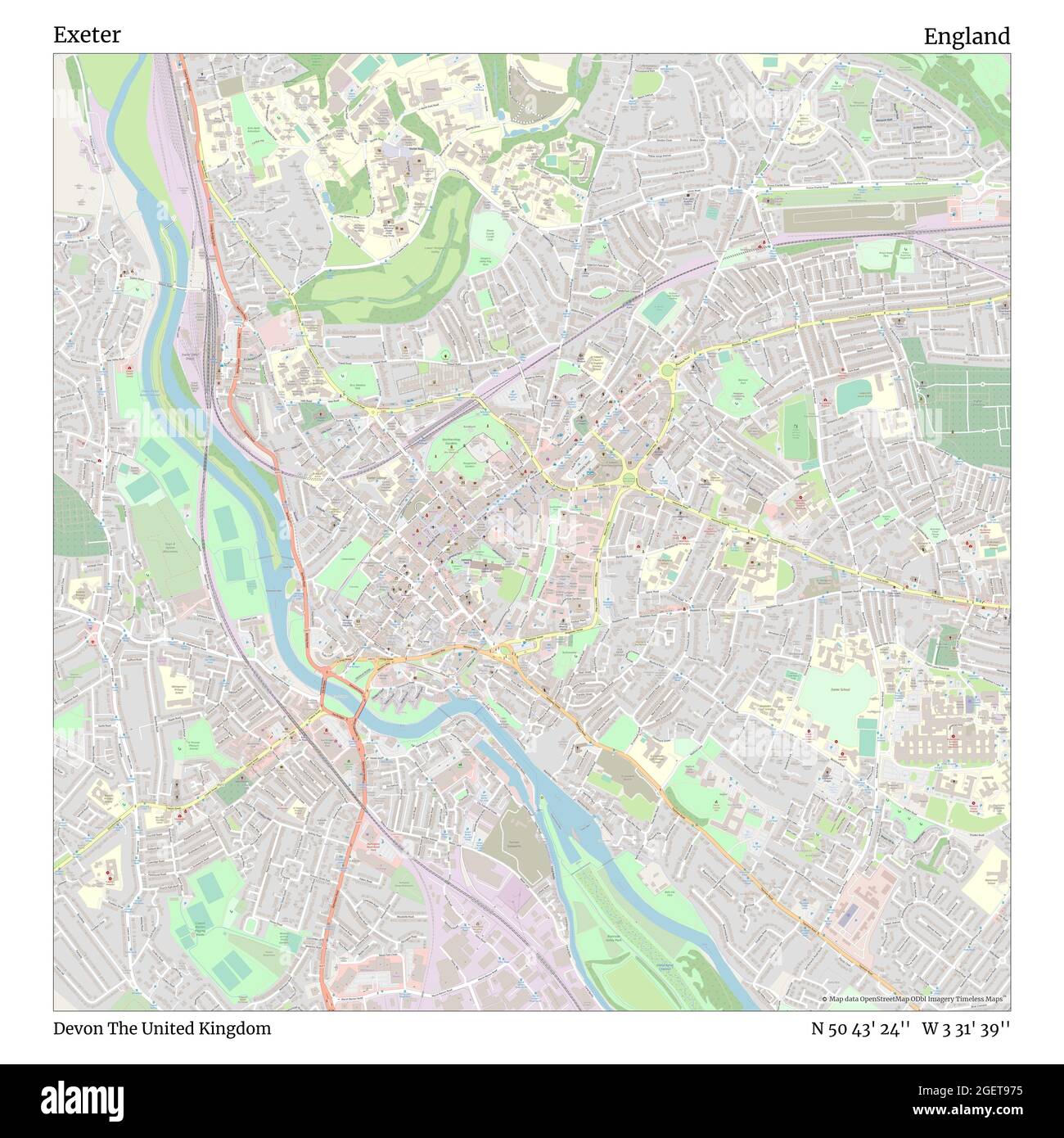 Exeter, Devon, United Kingdom, England, N 50 43' 24'', W 3 31' 39'', map, Timeless Map published in 2021. Travelers, explorers and adventurers like Florence Nightingale, David Livingstone, Ernest Shackleton, Lewis and Clark and Sherlock Holmes relied on maps to plan travels to the world's most remote corners, Timeless Maps is mapping most locations on the globe, showing the achievement of great dreams Stock Photo