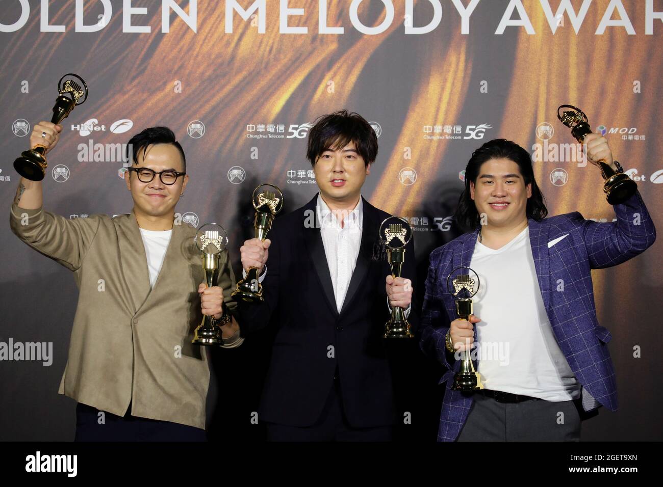 Members of The Spice Cabinet band pose with their Best Instrumental Album and Best Instrumental Composer awards at the 32nd Golden Melody Awards in Taipei, Taiwan August 21, 2021. REUTERS/I-Hwa Cheng Stock Photo
