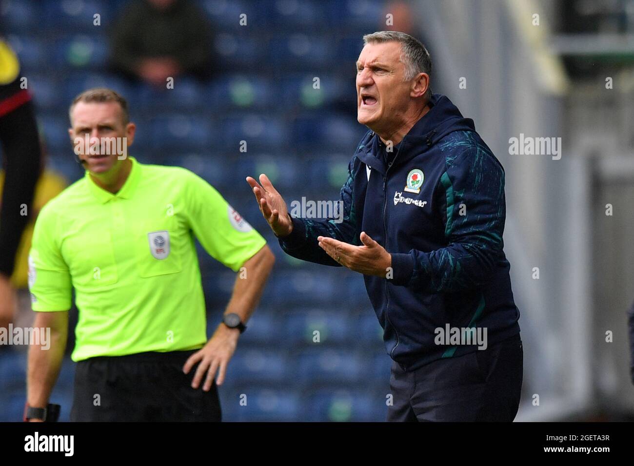 Blackburn Rovers manager Tony Mowbray reacts on the touchline during the Sky Bet Championship match at Ewood Park, Blackburn. Picture date: Saturday August 21, 2021. Stock Photo
