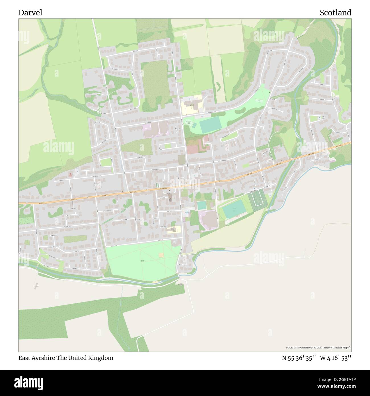 Darvel, East Ayrshire, United Kingdom, Scotland, N 55 36' 35'', W 4 16' 53'', map, Timeless Map published in 2021. Travelers, explorers and adventurers like Florence Nightingale, David Livingstone, Ernest Shackleton, Lewis and Clark and Sherlock Holmes relied on maps to plan travels to the world's most remote corners, Timeless Maps is mapping most locations on the globe, showing the achievement of great dreams Stock Photo