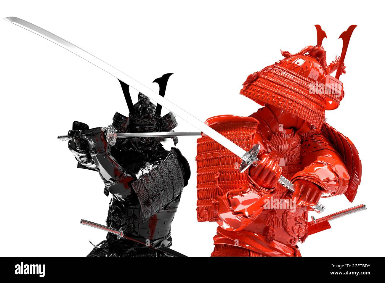 Two fighting samurai. Isolated over white background. 3D Rendering