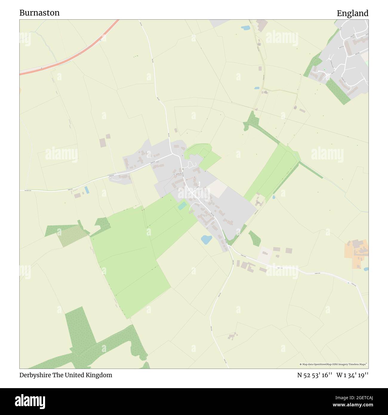 Burnaston, Derbyshire, United Kingdom, England, N 52 53' 16'', W 1 34' 19'', map, Timeless Map published in 2021. Travelers, explorers and adventurers like Florence Nightingale, David Livingstone, Ernest Shackleton, Lewis and Clark and Sherlock Holmes relied on maps to plan travels to the world's most remote corners, Timeless Maps is mapping most locations on the globe, showing the achievement of great dreams Stock Photo