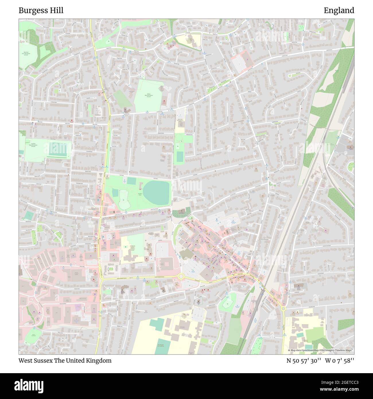 Burgess Hill, West Sussex, United Kingdom, England, N 50 57' 30'', W 0 7' 58'', map, Timeless Map published in 2021. Travelers, explorers and adventurers like Florence Nightingale, David Livingstone, Ernest Shackleton, Lewis and Clark and Sherlock Holmes relied on maps to plan travels to the world's most remote corners, Timeless Maps is mapping most locations on the globe, showing the achievement of great dreams Stock Photo