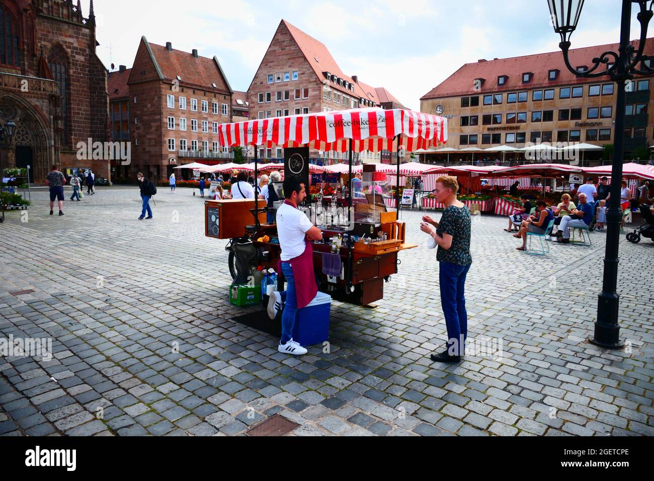 Mobile Coffee Vendor in Old Town Nuremberg Main Market Square, Germany Stock Photo