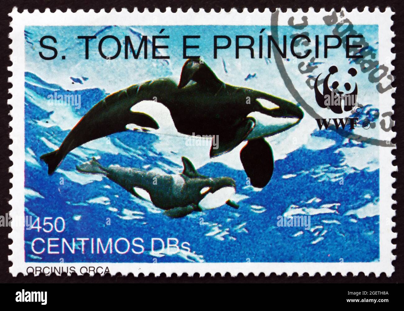 SAO TOME AND PRINIPE - CIRCA 1992: a stamp printed in Sao Tome and Principe shows Killer Whale, Orcinus Orca, is Toothed Whale, circa 1992 Stock Photo