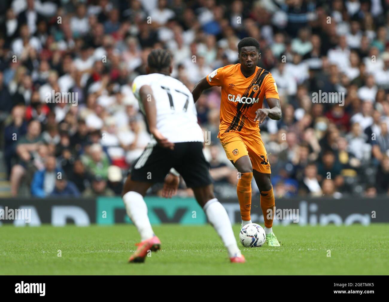 London, UK. 21st Aug, 2021. Di'Shon Bernard #24 of Hull City on the ...