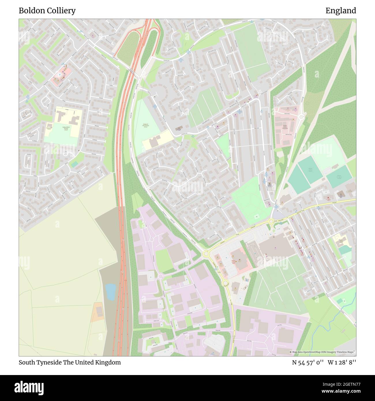 Boldon Colliery, South Tyneside, United Kingdom, England, N 54 57' 0'', W 1 28' 8'', map, Timeless Map published in 2021. Travelers, explorers and adventurers like Florence Nightingale, David Livingstone, Ernest Shackleton, Lewis and Clark and Sherlock Holmes relied on maps to plan travels to the world's most remote corners, Timeless Maps is mapping most locations on the globe, showing the achievement of great dreams Stock Photo