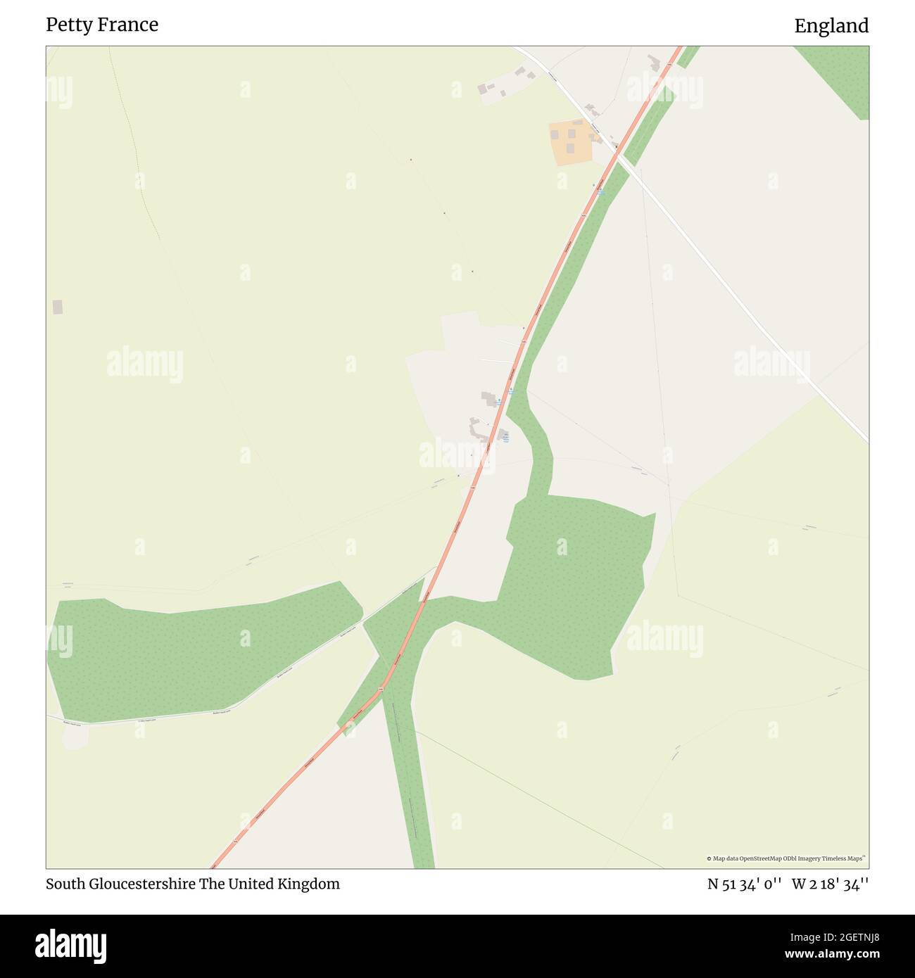 Petty France, South Gloucestershire, United Kingdom, England, N 51 34' 0'', W 2 18' 34'', map, Timeless Map published in 2021. Travelers, explorers and adventurers like Florence Nightingale, David Livingstone, Ernest Shackleton, Lewis and Clark and Sherlock Holmes relied on maps to plan travels to the world's most remote corners, Timeless Maps is mapping most locations on the globe, showing the achievement of great dreams Stock Photo