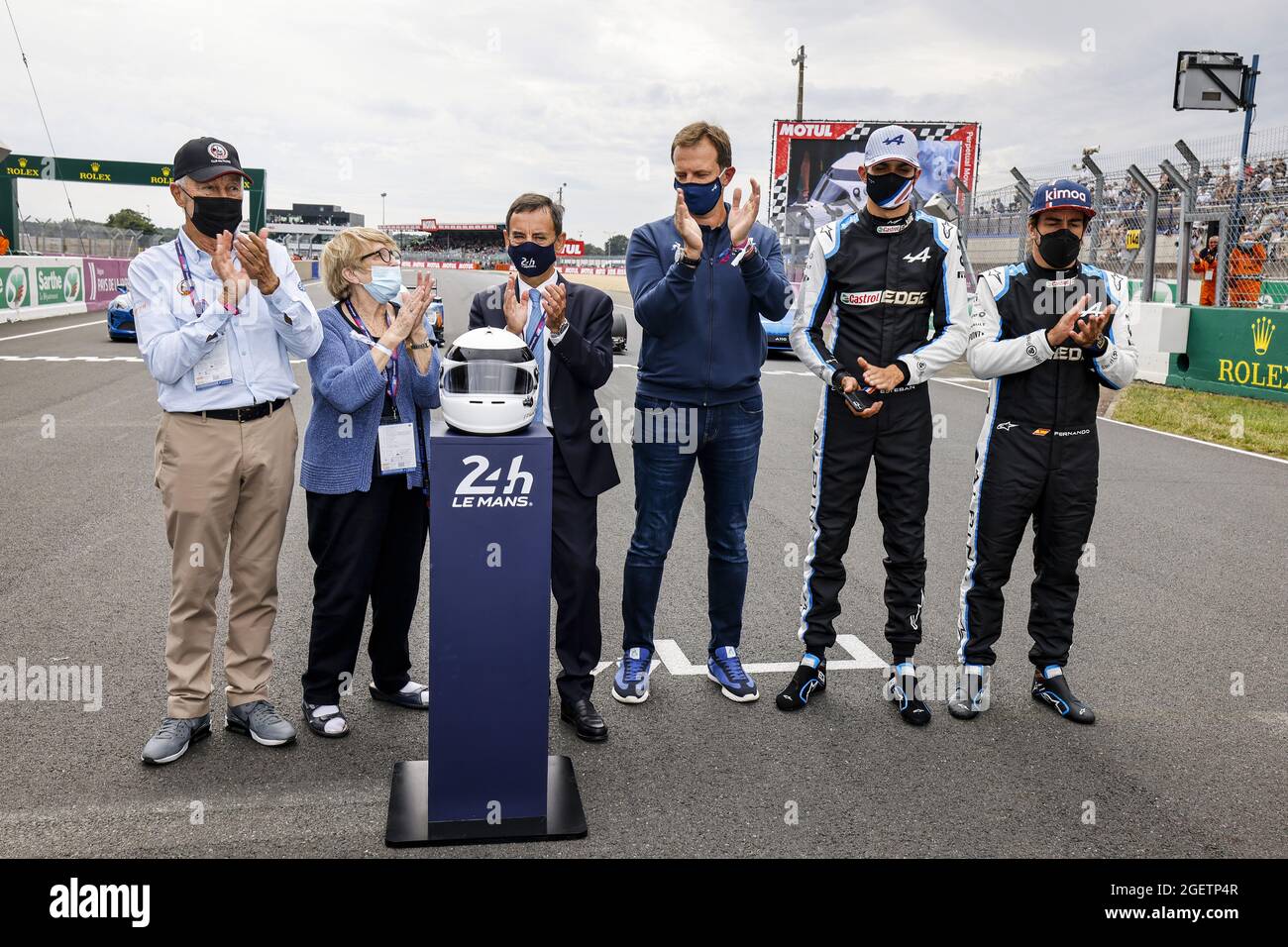 Pierre Fillon with Jean Pierre Jaussaud?s wife, Gérard Larrousse, Louis  Rossi, Esteban Ocon and Fernando Alonso, portrait during the the tribute of  her husband prior to the 24 Hours of Le Mans