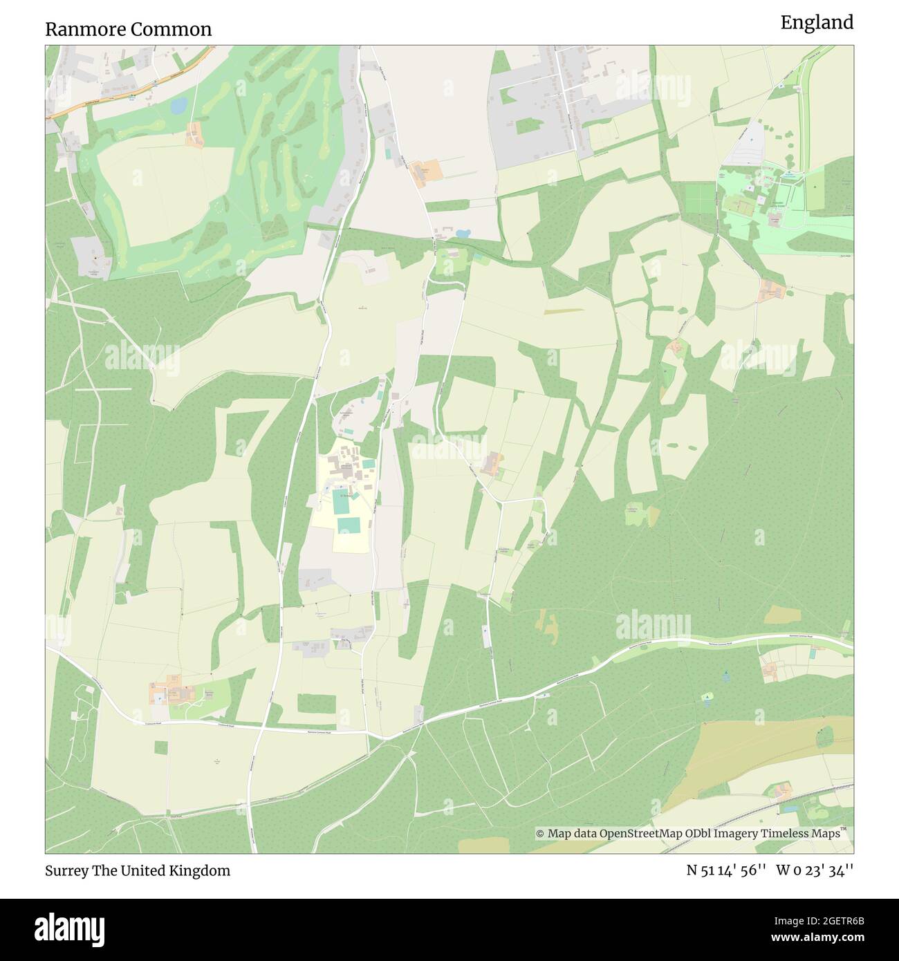 Ranmore Common, Surrey, United Kingdom, England, N 51 14' 56'', W 0 23' 34'', map, Timeless Map published in 2021. Travelers, explorers and adventurers like Florence Nightingale, David Livingstone, Ernest Shackleton, Lewis and Clark and Sherlock Holmes relied on maps to plan travels to the world's most remote corners, Timeless Maps is mapping most locations on the globe, showing the achievement of great dreams Stock Photo