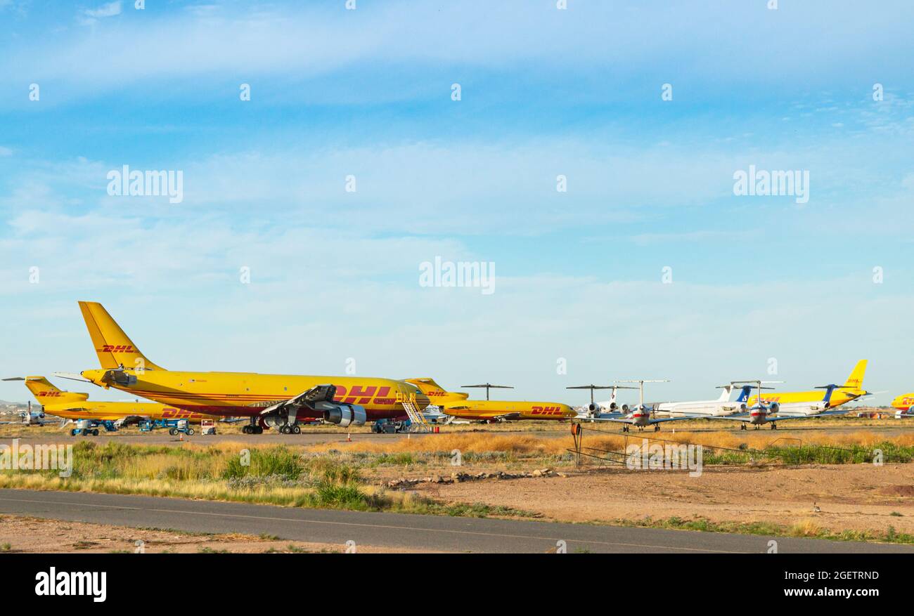 view of DHL cargo freight airplanes in Kingman airport Arizona Stock