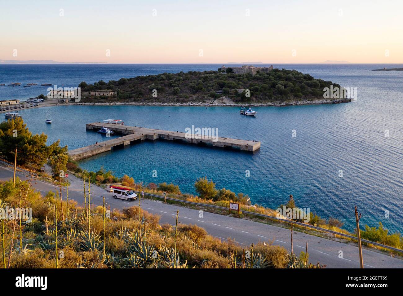 Aerial view of Porto Palermo, taken by drone, South coast, Albania, Europe Stock Photo