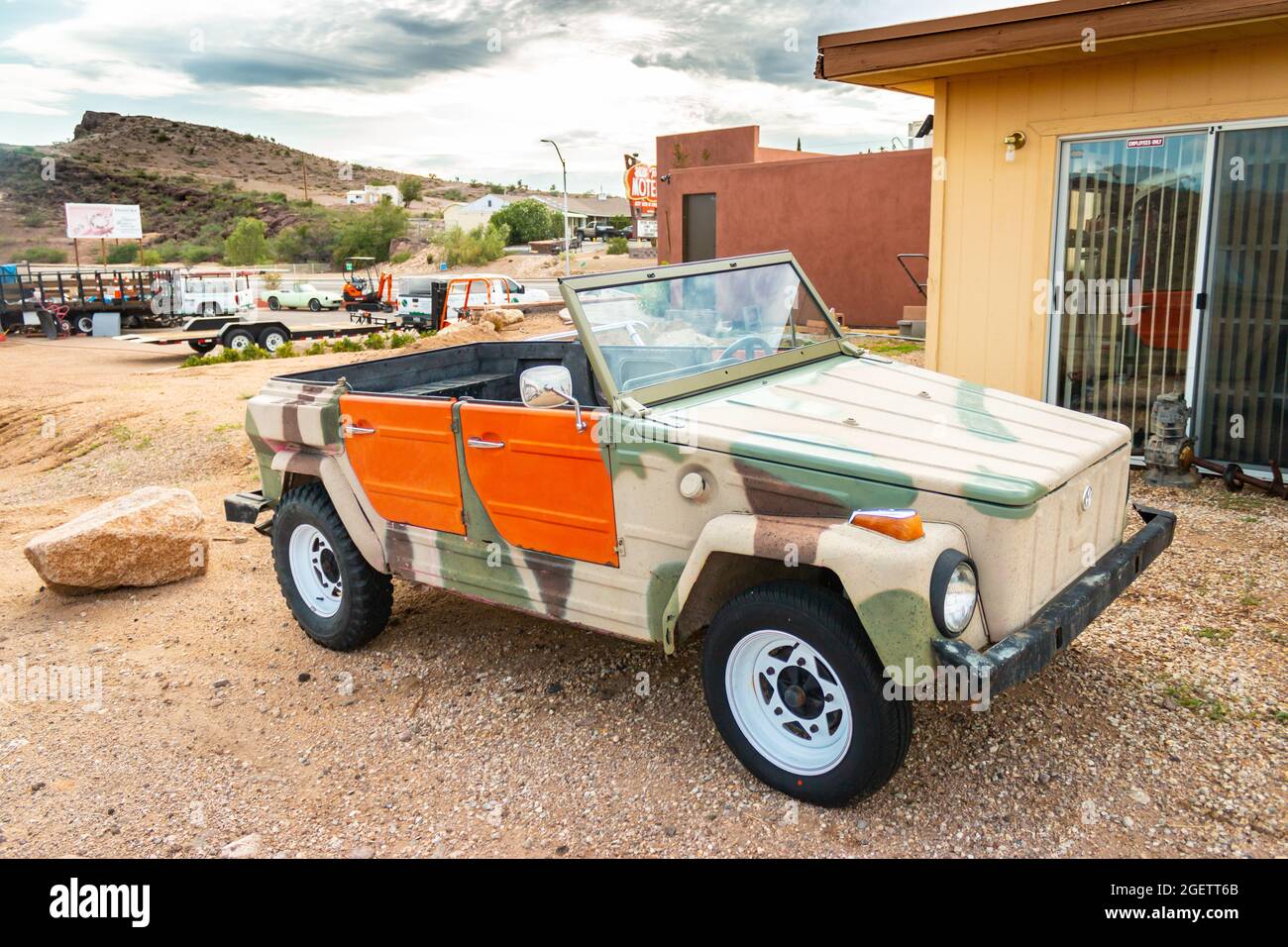 Volkswagen 181 military vehicle  in the desert near Kingman Arizona Stock Photo