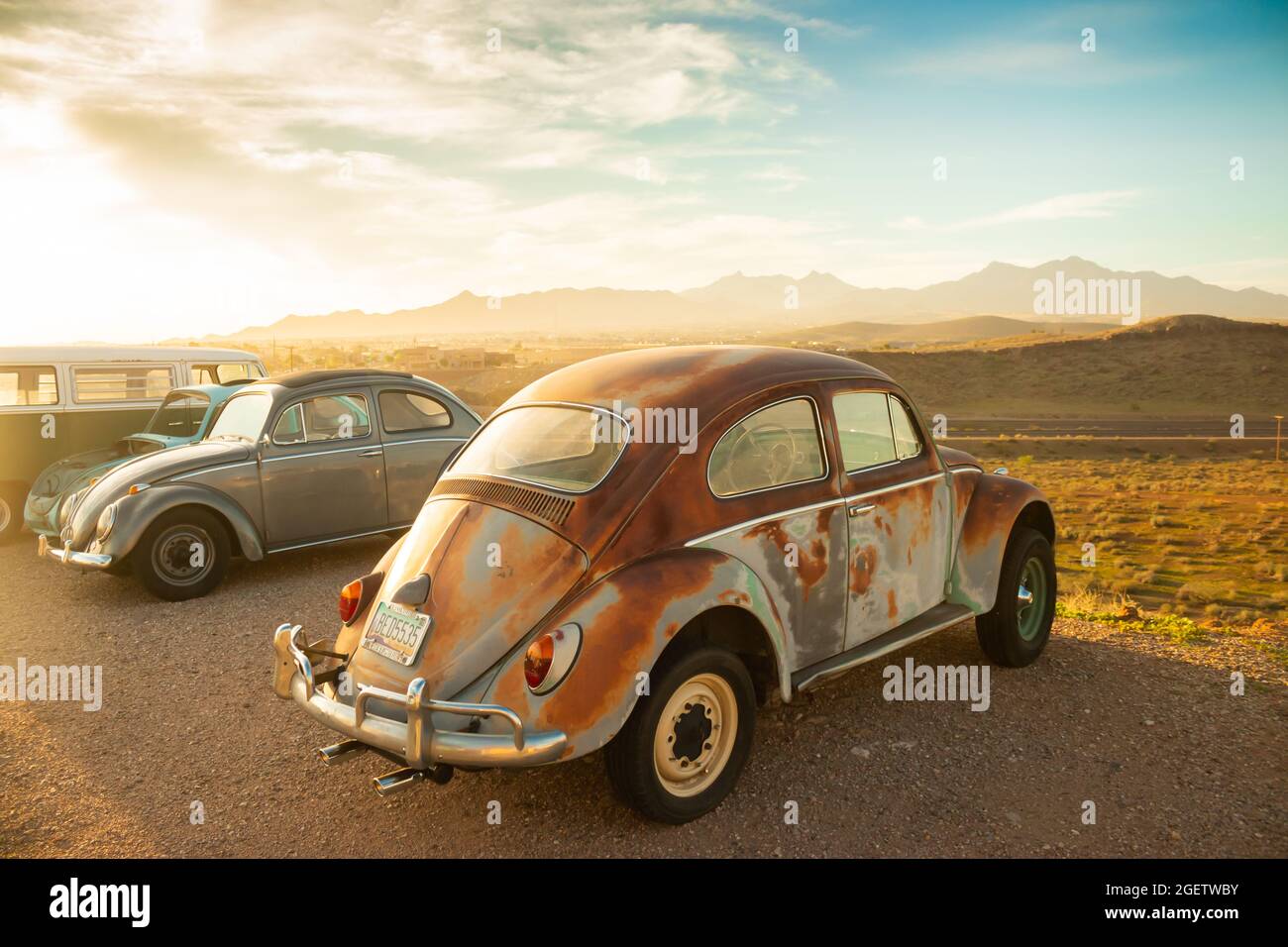 two classic VW Volkswagen Beetles in the desert near Kingman Arizona ...
