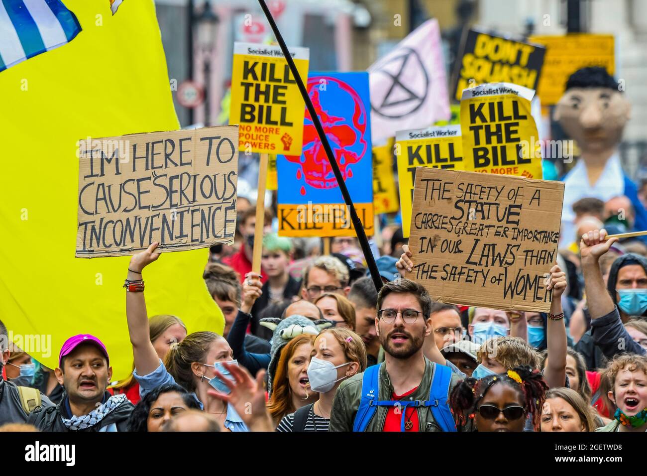 London, UK. 21st Aug, 2021. A kill the Bill protest starts in Parliament Square and heads up Whitehall. It was supported by Extinction Rebellion and Black Lives matter along with many other protest groups. The protest was trying to stop the new Police and Criminal evidence bill which is currently in the house of lords. Credit: Guy Bel/Alamy Live News Stock Photo